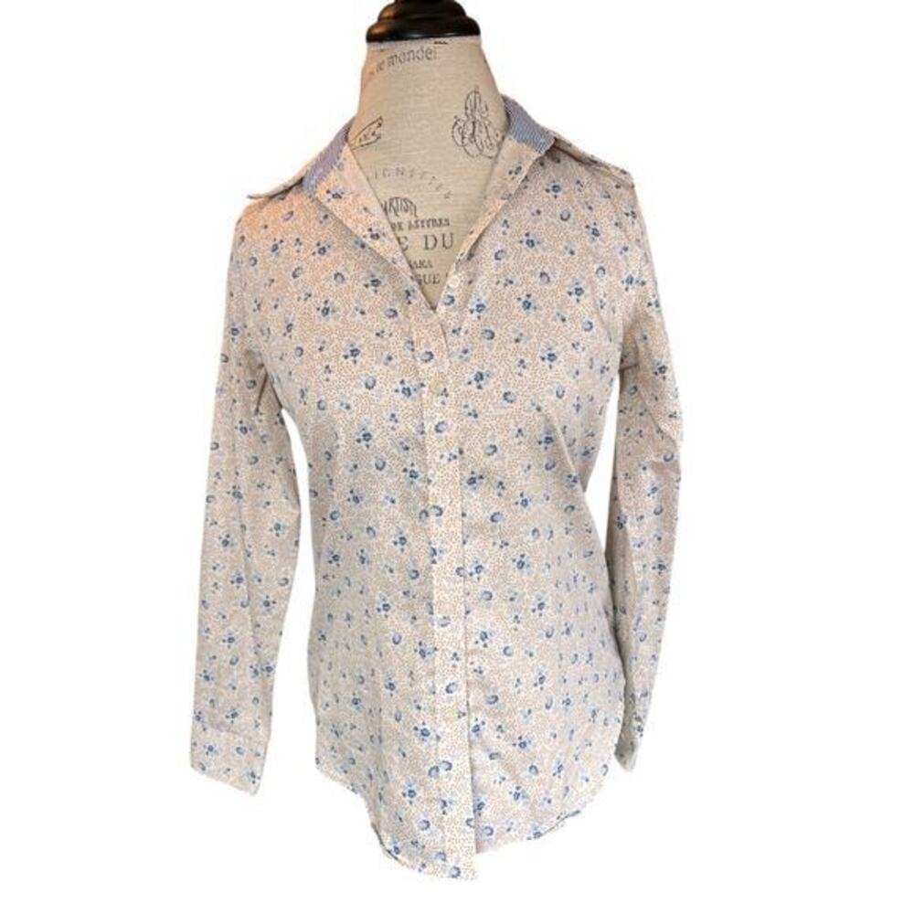Chaps No Iron button down long sleeve blouse. Polka dot and floral pattern